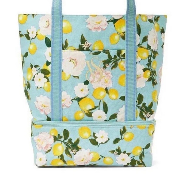 VICTORIA'S SECRET Cooler Tote Lemon Blue Logo With Pockets - Picture 2 of 7